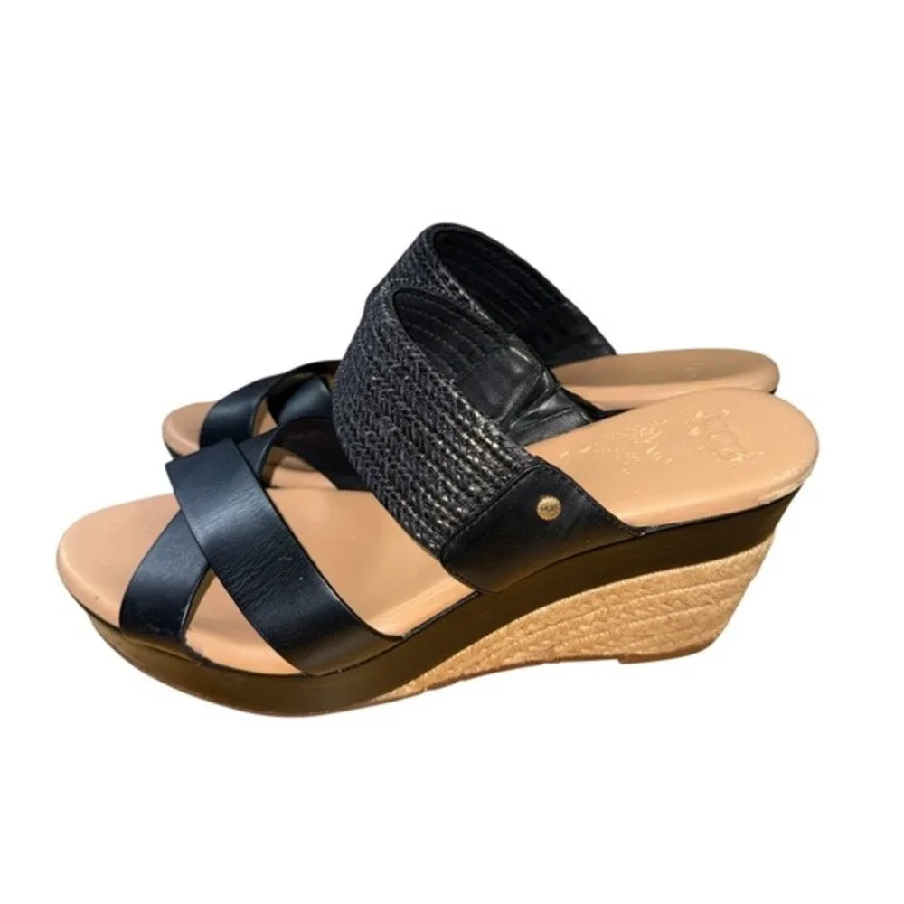 UGG Adriana Wedge Sandals Womens 8.5 Espadrille Slide Black Leather Braided Logo
